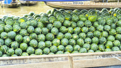 Agricultural produce watermelon are traded on boats at floating markets in the Mekong delta region of Vietnam
