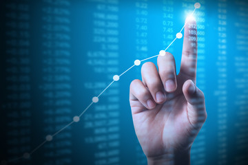 businessman with financial chart symbols coming from hand