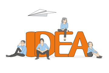Little people are sitting on a big word idea. Vector illustration of creative teamwork.