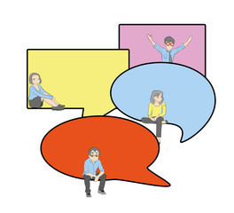 Chat talk addiction concept illustration of young people using smartphones for sending messages to each other via messenger. Flat guy and woman sitting on the big speech bubbles and typing messages
