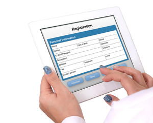 Registration form on tablet computer.
