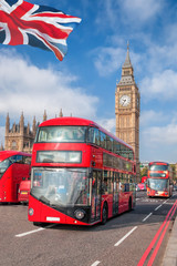 Naklejka na ściany i meble London with red buses against Big Ben in England, UK