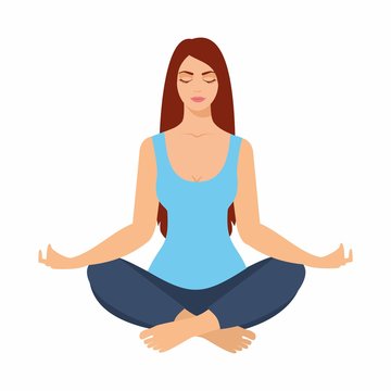 Young woman sitting in yoga lotus pose. Meditating girl illustration. Yoga woman, meditation, anti-stress people.