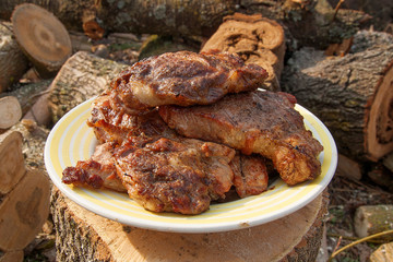 Juicy pork steaks cooked on an open flame grill on big white plate..