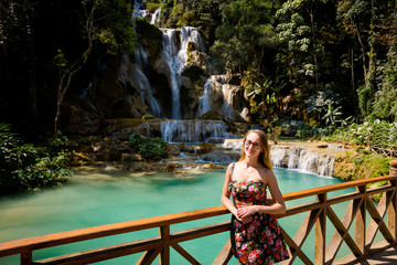 Girl on Kuang Si waterfall
