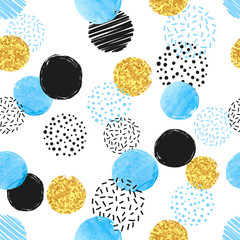Seamless dotted pattern with blue, black and golden circles. Vector abstract background with round shapes.