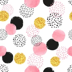 Behang Naadloos gestippeld patroon met roze, zwarte en gouden cirkels. Vector abstracte achtergrond met ronde vormen. © Afanasia