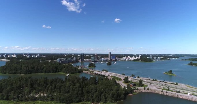 Keilaniemi, Cinema 4k aerial rising view of kagelviken business area, just outside helsinki, at a sunny day, in Espoo, Uusimaa, Finland