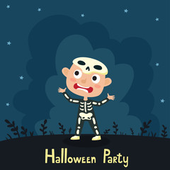 Vector cute cartoon kid in colorful halloween costume: skeleton. Halloween poster with night landscape. Cartoon character design of boy isolated on white used for books, stickers, posters, web pages.