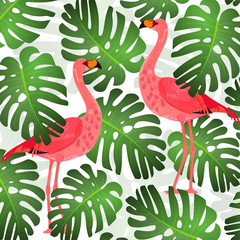 Flamingo pattern and green tropical leaves