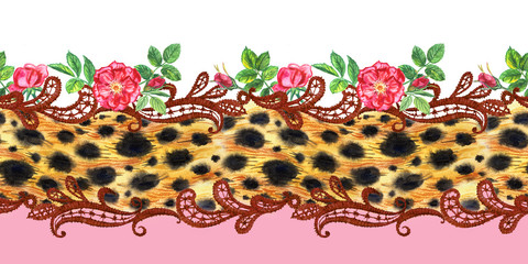 Seamless watercolor border of leopard skin, lace and rose hips. © Ollga P