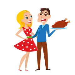 Vector illustration of happy family isolated on white background. Pretty woman in red dress with white pot. Strong man holding baked turkey.