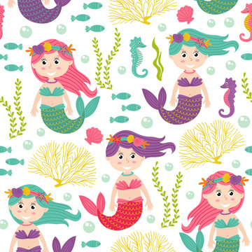 seamless pattern with mermaid under the sea -  vector illustration, eps
