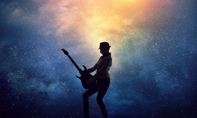 Rock girl with guitar. Mixed media