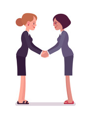 Business female partners handshaking with both hands