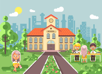 Vector illustration back to school character schoolgirl schoolboy pupil sitting on grass, exterior schoolyard, girl reads book doing homework, boys play chess gymnasium background in flat style