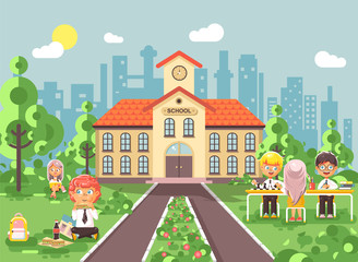 Obraz na płótnie Canvas Vector illustration children characters schoolboy schoolgirl pupils apprentices classmates at schoolyard play chess, sit on grass dinner lunch, read book backdrop of school building flat style
