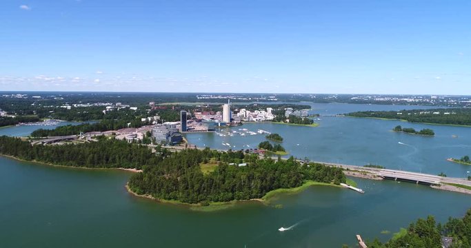 Keilaniemi, Cinema 4k aerial view towards kagelviken, keilalahti and route 51, just outside helsinki, at a sunny day, in Espoo, Uusimaa, Finland