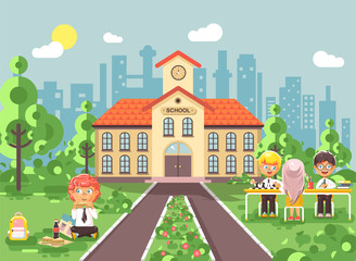 Vector illustration children characters schoolboy schoolgirl pupils apprentices classmates at schoolyard play chess, sit on grass dinner lunch, read book backdrop of school building flat style