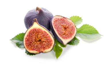 fruits of Fig tree ( whole and part) with leaves isolated on white