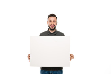 man with blank banner