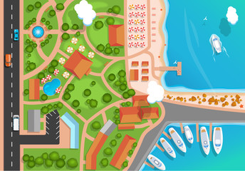 Top view of the resort town, park, road, cars, sea marina and moored yachts. Flat style Vector illustration. Vector City top view or View from above