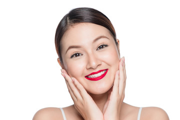 Beautiful asian woman with retro makeup with red lips isolated on white background.