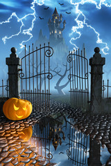 Halloween pumpkins next to a gate of a spooky castle