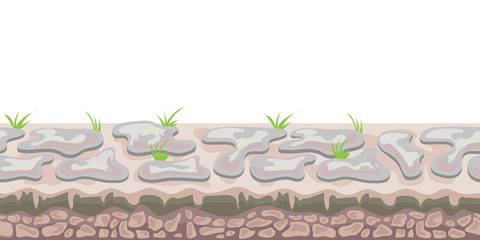 Seamless unending landscape background for arcade game or animation. Stony ground or cobblestones with grass. Vector illustration, isolated on white background.
