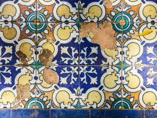 Colorful vintage Portuguese tiles (azulejos) in Cascais, Portugal
