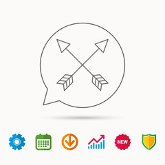 Bow arrows icon. Hunting sport equipment sign. Archer weapon symbol. Calendar, Graph chart and Cogwheel signs. Download and Shield web icons. Vector