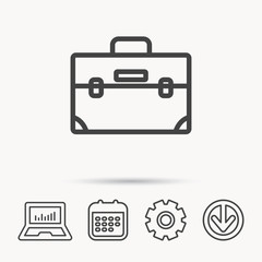 Briefcase icon. Businessman case or diplomat sign. Hand baggage symbol. Notebook, Calendar and Cogwheel signs. Download arrow web icon. Vector