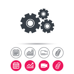 Cogwheels icon. Repair service symbol. Statistics chart, calendar and video camera signs. Attachment clip web icons. Vector