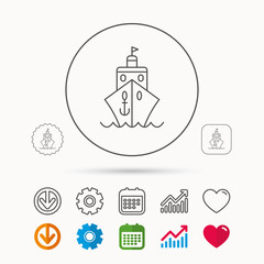 Cruise icon. Ship travel sign. Shipping delivery symbol. Calendar, Graph chart and Cogwheel signs. Download and Heart love linear web icons. Vector