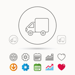 Delivery truck icon. Transportation car sign. Logistic service symbol. Calendar, Graph chart and Cogwheel signs. Download and Heart love linear web icons. Vector