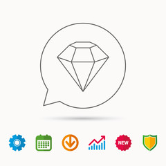Diamond icon. Brilliant gemstone sign. Calendar, Graph chart and Cogwheel signs. Download and Shield web icons. Vector