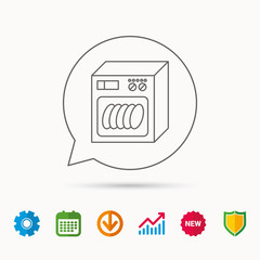 Dishwasher icon. Kitchen appliance sign. Calendar, Graph chart and Cogwheel signs. Download and Shield web icons. Vector