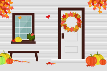 The facade of the house in the autumn season, the yard, the harvest. Vector illustration. - 166332178