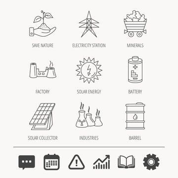 Solar collector energy, battery and oil barrel icons. Minerals, electricity station and factory linear signs. Industries, save nature icons. Education book, Graph chart and Chat signs. Vector