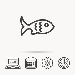 Fish with fin and scales icon. Seafood sign. Vegetarian food symbol. Notebook, Calendar and Cogwheel signs. Download arrow web icon. Vector