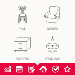 Ceiling lamp, nightstand and armchair icons. Chair linear sign. Edit document, Calendar and Graph chart signs. Star, Check and House web icons. Vector