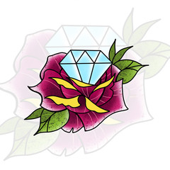 Traditional tattoo rose design. Cartoon illustration, hand drawn style.