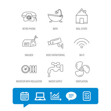 Wifi, video camera and mailbox icons. Real estate, bath and water supply linear signs. Radiator with heat regulator, phone icons. Report file, Graph chart and Chat speech bubble signs. Vector