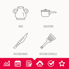 Saucepan, kithcen knife and utensils icons. Vase linear sign. Edit document, Calendar and Graph chart signs. Star, Check and House web icons. Vector