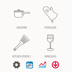 Saucepan, potholder and wineglass icons. Kitchen utensils linear sign. Calendar, Graph chart and Cogwheel signs. Download colored web icon. Vector