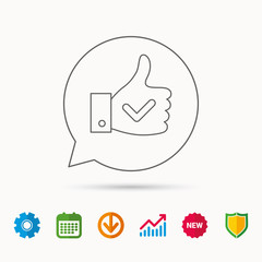 Thumb up like icon. Super cool vote sign. Social media symbol. Calendar, Graph chart and Cogwheel signs. Download and Shield web icons. Vector