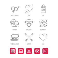 Love heart, gift box and wedding rings icons. Bow and engagement linear signs. Valentine amour arrows, brilliant flat line icons. Report document, Graph chart and Calendar signs. Vector
