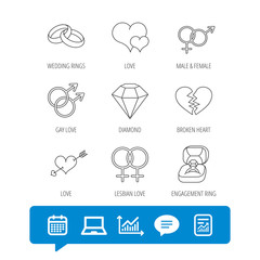 Love heart, gift box and wedding ring icons. Broken heart and engagement brilliant linear signs. Valentine amour arrow, gay and lesbian flat line icons. Vector