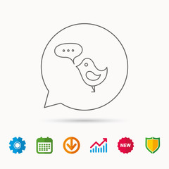 Bird with speech bubble icon. Chat talk sign. Cute small fowl symbol. Calendar, Graph chart and Cogwheel signs. Download and Shield web icons. Vector