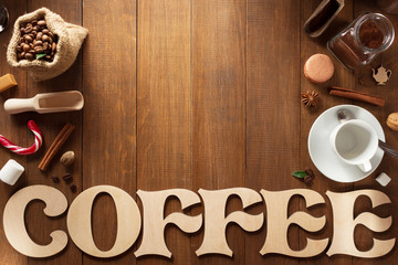 coffee set on wood